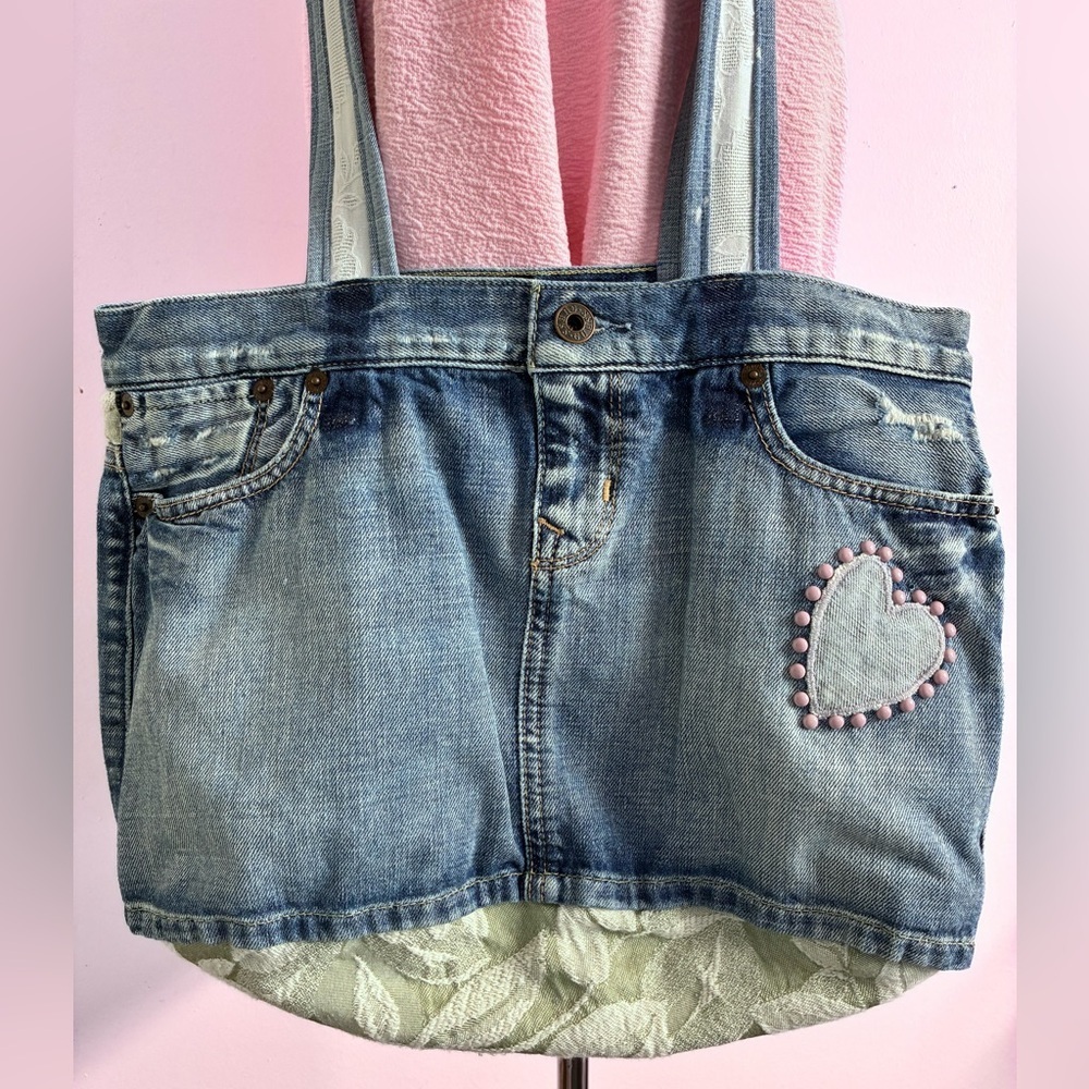 Handmade Upcycled Denim Shoulder Bag/Tote, Blue/Green, Handstitched, Lined